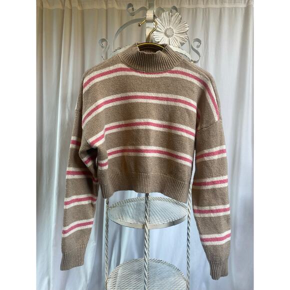 Forever 21 Sweater Cropped Crewneck striped, pink white tan Size Small - Picture 1 of 8